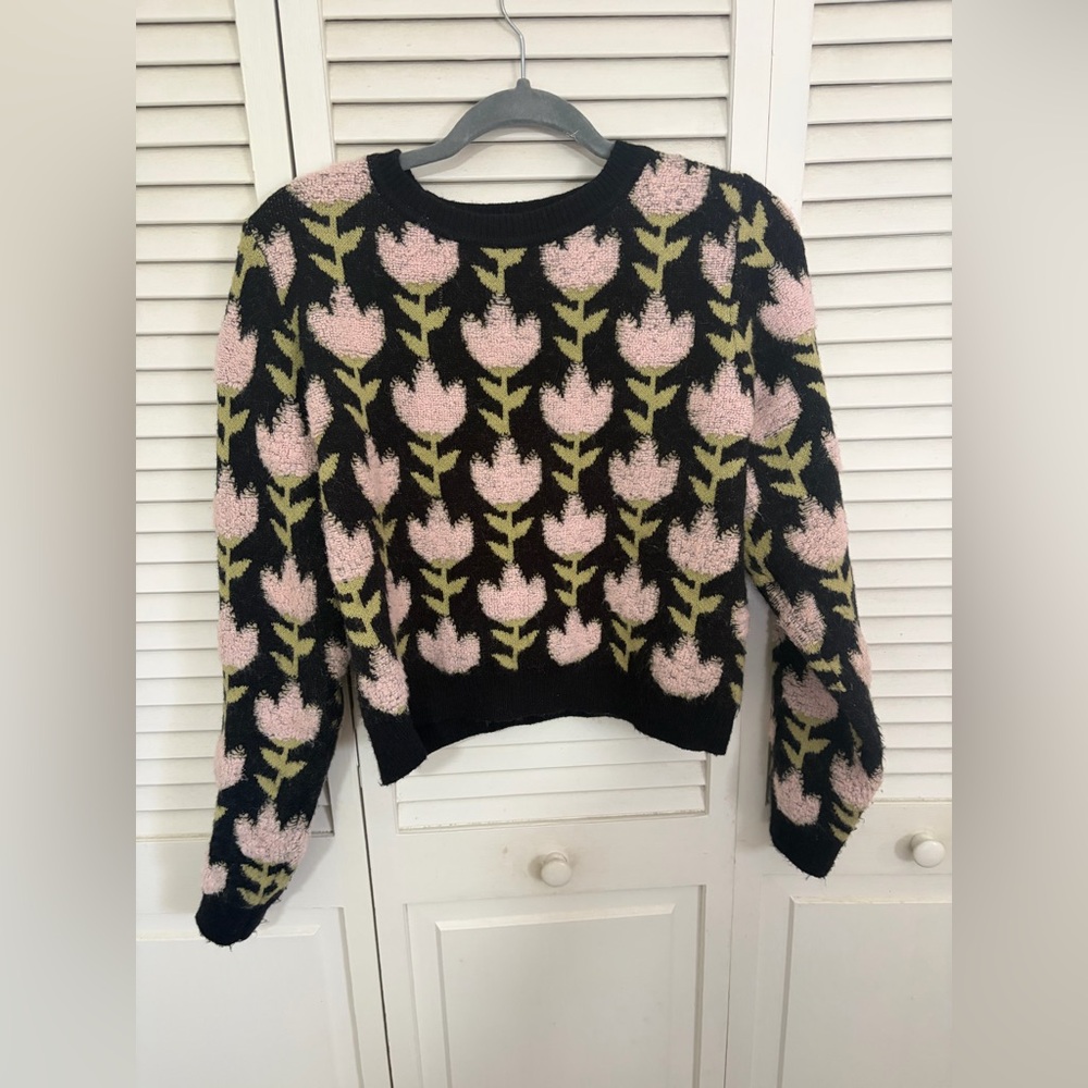 SHEIN Black Sweater with Pink and Green Floral Pattern